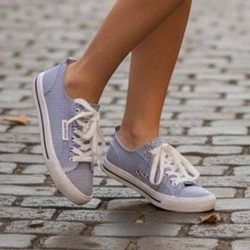 Happily Grey Yacht Sneakers Womens 7.5 Blue White Striped New Canvas Lace Up Low